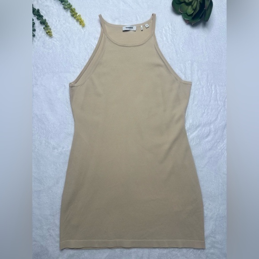 Sandro High Neck Spaghetti Strap Bodycon Mini Dress in Neutral Tan EU 40/ US 8